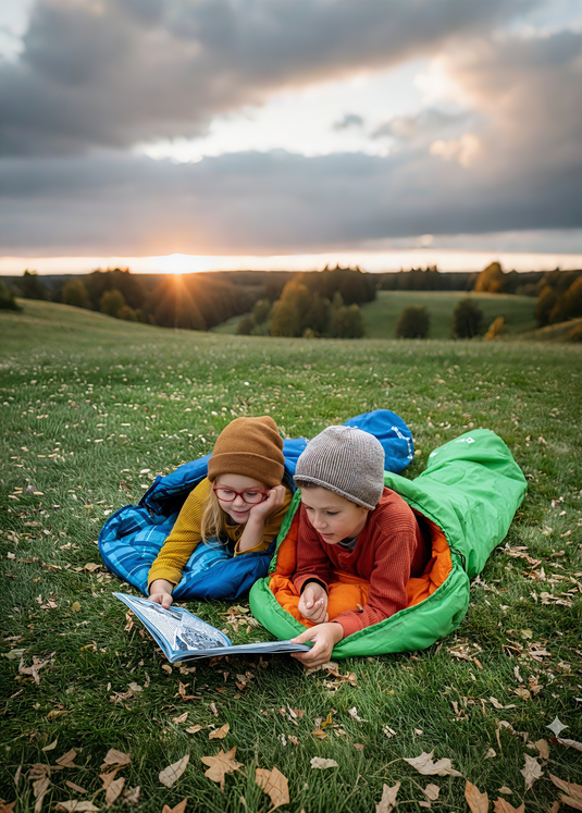 Kids’ Outdoor Gear – Little Explorers: Two children lying on a grassy hill at sunset, each in a sleeping bag. One sleeping bag is blue and the other is green with orange lining.
