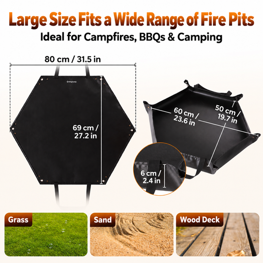 KingCamp Hexagonal Fireproof Fire Pit Mat | 31.5" x 27.3" Fiberglass Fire Mat with Silicone Coating, 550°F Heat Resistant, 2-in-1 Design Converts to Carry Bag for Camping, BBQ & Patio