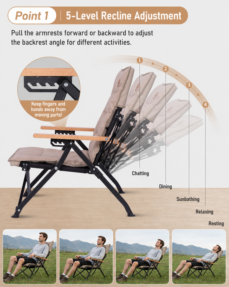 Load image into Gallery viewer, KingCamp MANGROVE C10 Folding Camping Chair | Multi-Position Recliner with Adjustable Backrest, 330lb Capacity, Durable Aluminum &amp; Steel Frame with Beechwood Armrests for Camping, Patio &amp; Home
