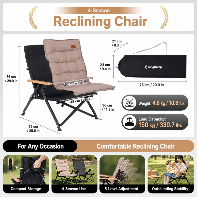 Load image into Gallery viewer, KingCamp MANGROVE C10 Folding Camping Chair | Multi-Position Recliner with Adjustable Backrest, 330lb Capacity, Durable Aluminum &amp; Steel Frame with Beechwood Armrests for Camping, Patio &amp; Home
