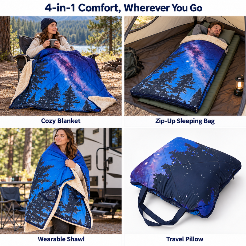 Load image into Gallery viewer, KingCamp MESA 50 4-in-1 Camping Blanket, Printed Sherpa Fleece Wearable Blanket, Zip-Up Sleeping Bag &amp; Travel Pillow
