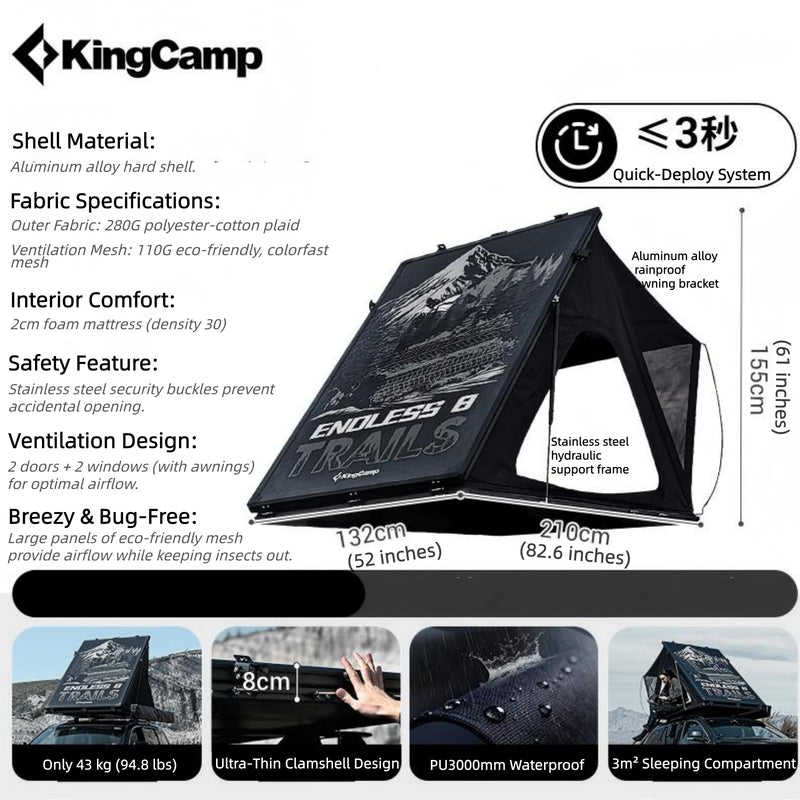 Load image into Gallery viewer, KingCamp ENDLESS 8 Rooftop Tent – 3‑Second Set‑Up, Ultra‑Thin 8cm Hard Shell, Waterproof &amp; Lightweight for SUV/Truck Overlanding

