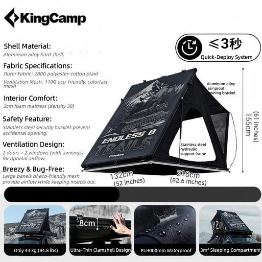 KingCamp ENDLESS 8 Rooftop Tent – 3‑Second Set‑Up, Ultra‑Thin 8cm Hard Shell, Waterproof & Lightweight for SUV/Truck Overlanding