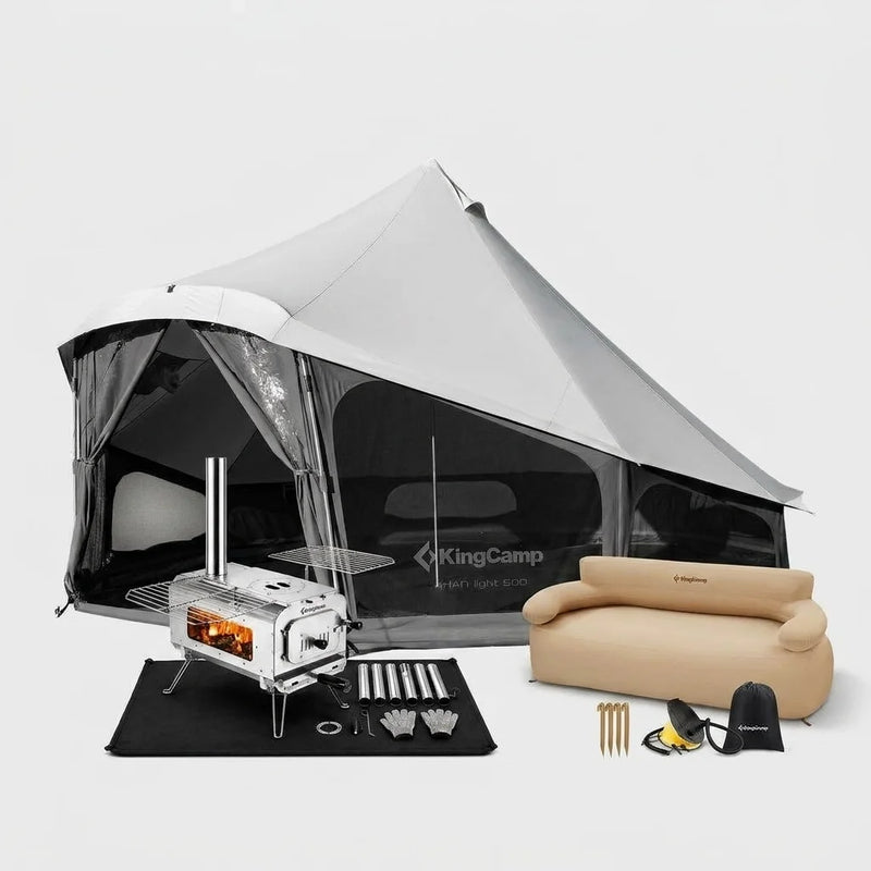 Load image into Gallery viewer, KingCamp 4-Season Hot Tent Glamping Bundle, 8–10 Person TC Canvas Tent with Wood Stove &amp; Double Inflatable Sofa
