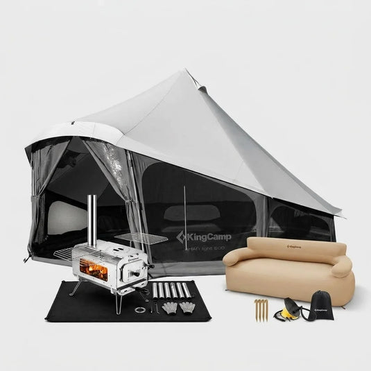 KingCamp 4-Season Hot Tent Glamping Bundle, 8–10 Person TC Canvas Tent with Wood Stove & Double Inflatable Sofa