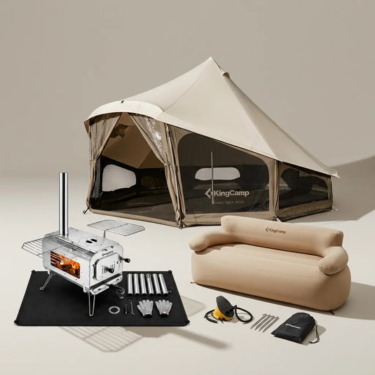 KingCamp 4-Season Hot Tent Glamping Bundle, 8–10 Person TC Canvas Tent – BRoadout