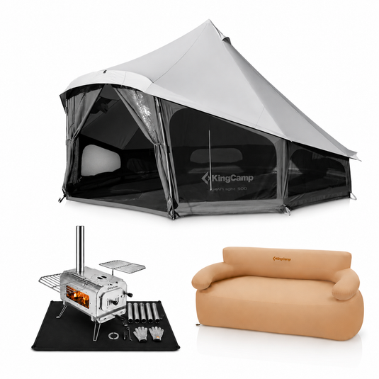 KingCamp 4-Season Hot Tent Glamping Bundle, 8–10 Person TC Canvas Tent with Wood Stove & Double Inflatable Sofa
