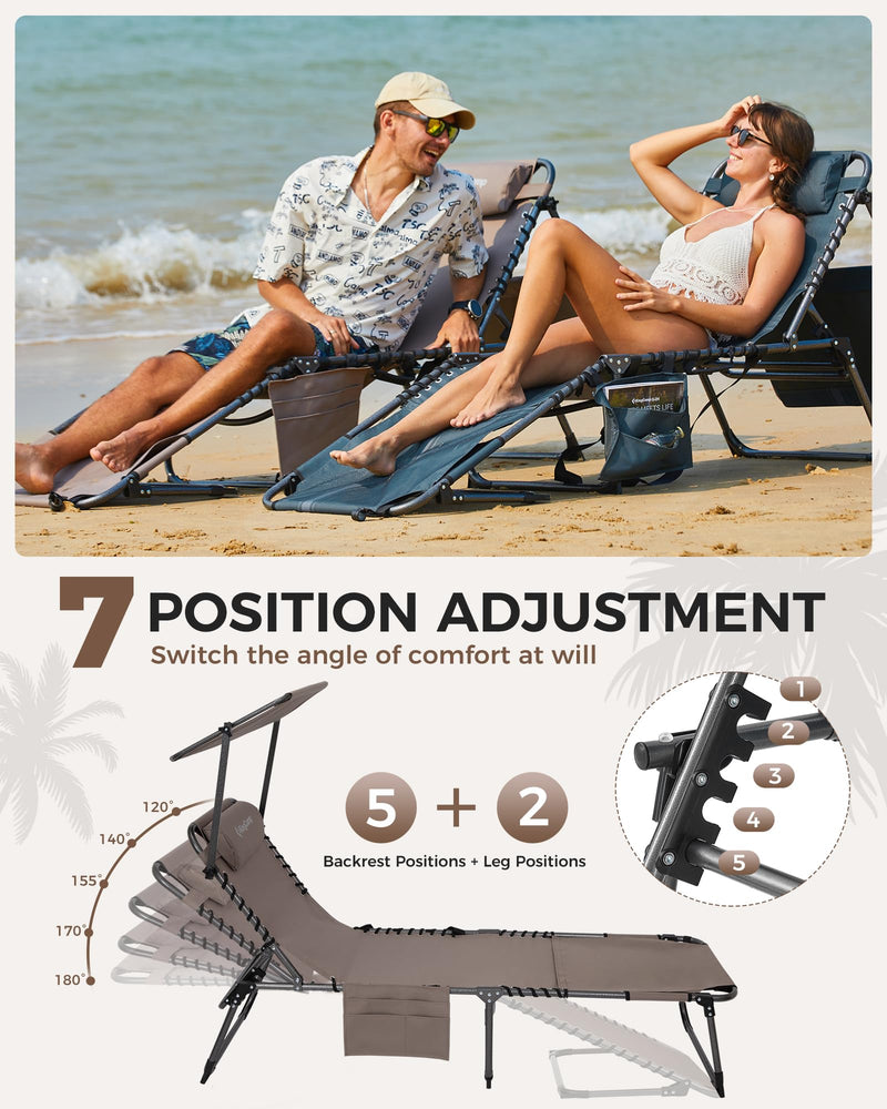 Load image into Gallery viewer, KingCamp 7-Position Adjustable Backpack Chaise Lounge with 360° Rotatable Canopy Shade
