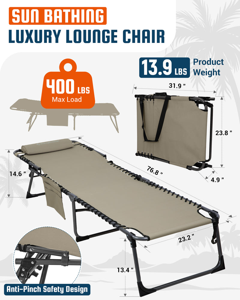 Load image into Gallery viewer, KingCamp 7-Position Adjustable Folding Sun Lounger with Pillow &amp; Side Pocket, 400lb Capacity Outdoor Chaise
