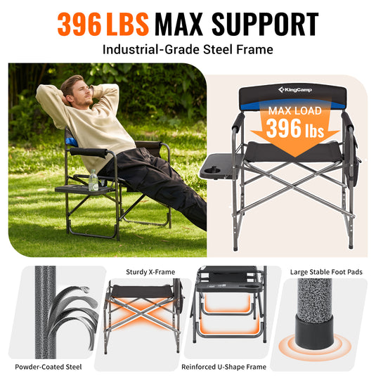 KingCamp ASH B10 Heavy Duty Director's Chair | Oversized 396lb Capacity Camping Chair with Foldable Side Table & Detachable Pocket, Padded Seat for Big & Tall Adults, One-Step Fold for Tailgating & Lawn