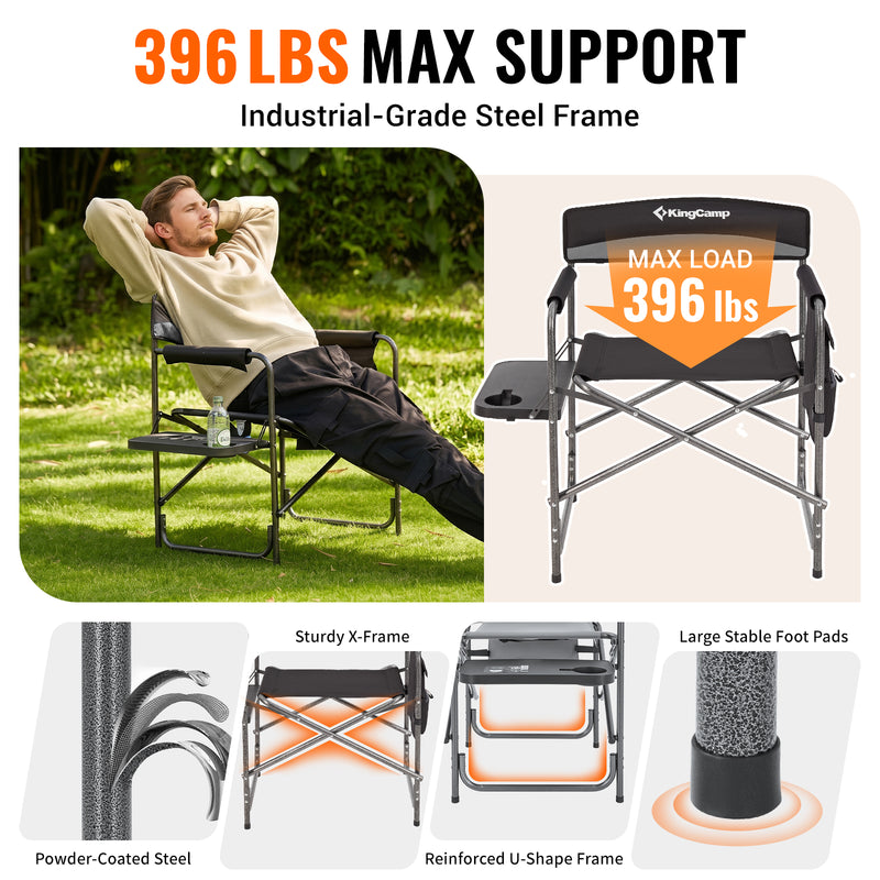 Load image into Gallery viewer, KingCamp ASH B10 Heavy Duty Director's Chair | Oversized 396lb Capacity Camping Chair with Foldable Side Table &amp; Detachable Pocket, Padded Seat for Big &amp; Tall Adults, One-Step Fold for Tailgating &amp; Lawn
