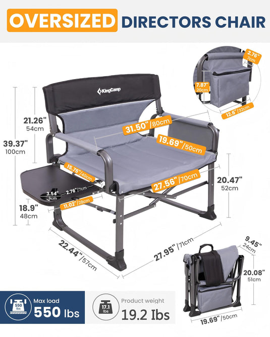 KingCamp ASH C10 XXL Heavy Duty Director's Chair | 550lb Capacity Oversized Camping Chair with Side Table & Cooler Bag, Extra Wide Padded Folding Chair for Big & Tall