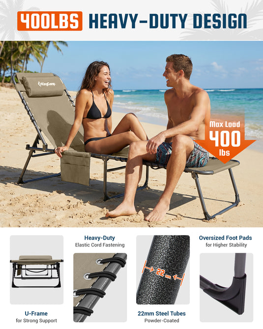 KingCamp Heavy Duty Adjustable Folding Sun Lounger with Pillow & Side Pocket, 400lb Capacity Outdoor Chaise