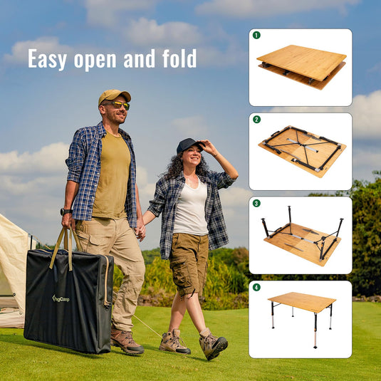 KingCamp All-Terrain Bamboo Camping Table 176lb Capacity for 4-6 Persons easy open and fold