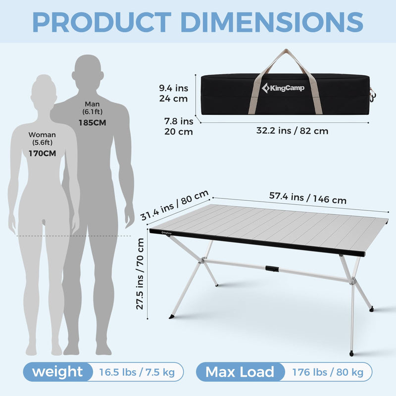 Load image into Gallery viewer, KingCamp AluVenture Aluminum Camping Table, Heavy Duty Roll Top Folding Camp Table with Adjustable Feet &amp; Carry Bag 8p
