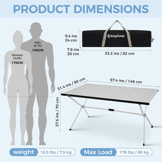 KingCamp AluVenture Aluminum Camping Table, Heavy Duty Roll Top Folding Camp Table with Adjustable Feet & Carry Bag 8p