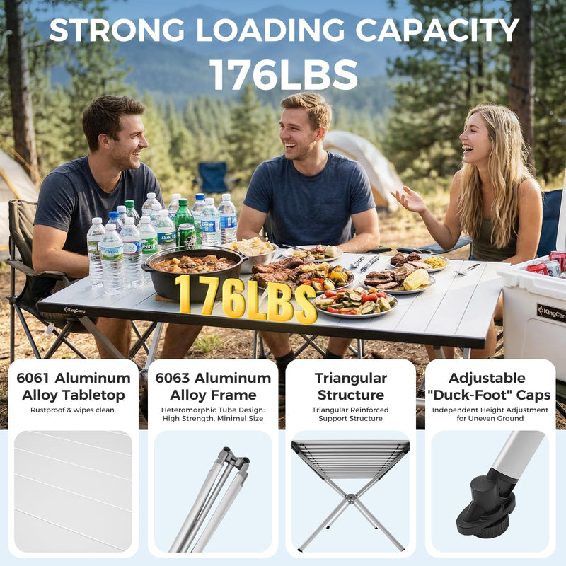 Load image into Gallery viewer, KingCamp AluVenture Aluminum Camping Table, Heavy Duty Roll Top Folding Camp Table with Adjustable Feet &amp; Carry Bag 8p
