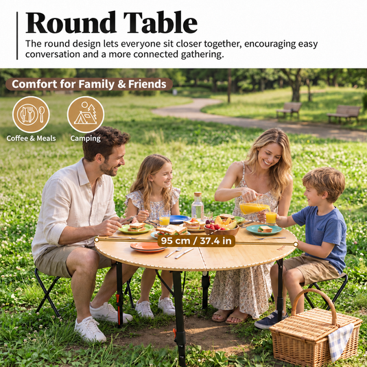 KingCamp BAMBOO P95D PLUS Round Bamboo Camping Table, 14.2"-23.6" Adjustable Height, 37.4" Folding Outdoor Table