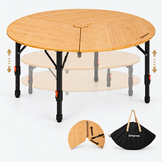 KingCamp BAMBOO P95D PLUS Round Bamboo Camping Table, 14.2-23.6 Adjustable Height, 37.4 Folding Outdoor Table - 4-6 Person