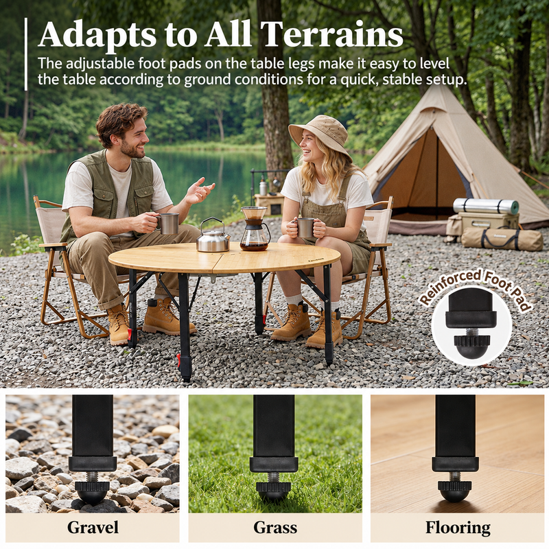 Load image into Gallery viewer, KingCamp BAMBOO P95D PLUS Round Bamboo Camping Table, 14.2"-23.6" Adjustable Height, 37.4" Folding Outdoor Table
