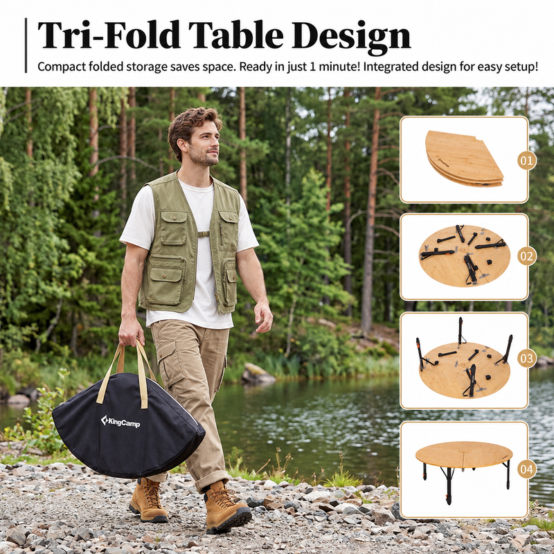 Load image into Gallery viewer, KingCamp BAMBOO P95D PLUS Round Bamboo Camping Table, 14.2"-23.6" Adjustable Height, 37.4" Folding Outdoor Table
