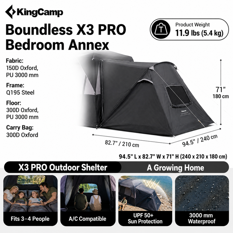 Load image into Gallery viewer, KingCamp BOUNDLESS X3 PRO Bedroom | Expandable Sleeping Attachment for SUV Tent, 3-4 Person Waterproof Shelter with Stand-Up Height, Connects via Zipper
