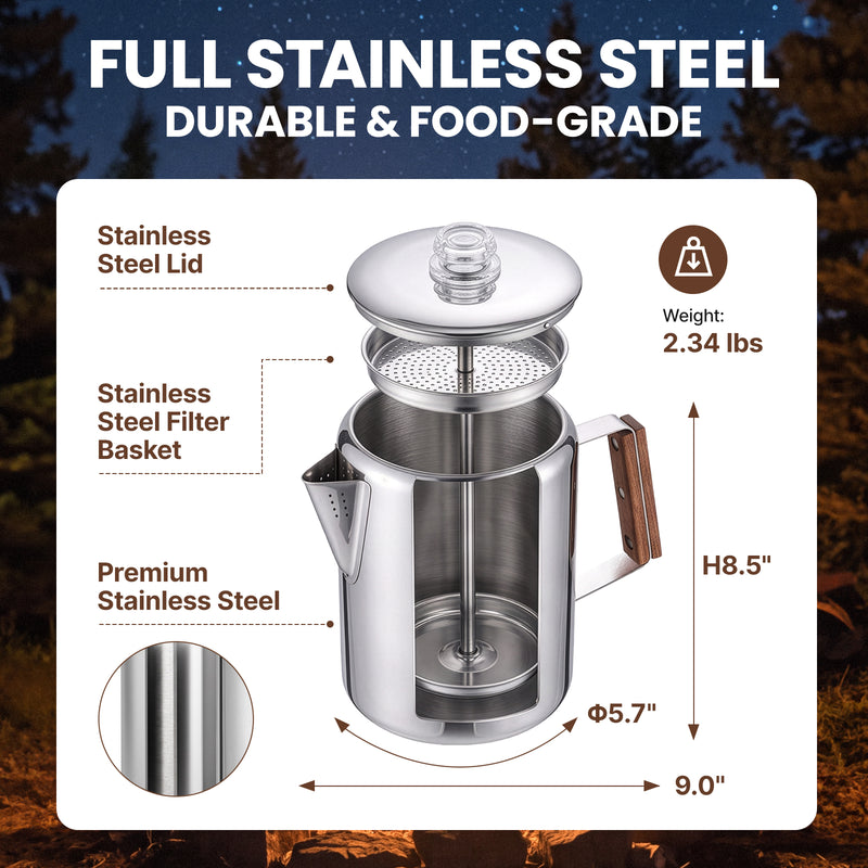 Laden Sie das Bild in Galerie -Viewer, KingCamp BREWBLOOM Camping Coffee Percolator, 304 Stainless Steel Campfire Coffee Pot with Glass Knob, Wooden Handle &amp; Hanging Bail 12 Cup
