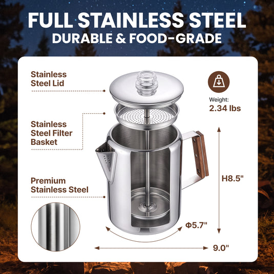 KingCamp BREWBLOOM Camping Coffee Percolator, 304 Stainless Steel Campfire Coffee Pot with Glass Knob, Wooden Handle & Hanging Bail 12 Cup