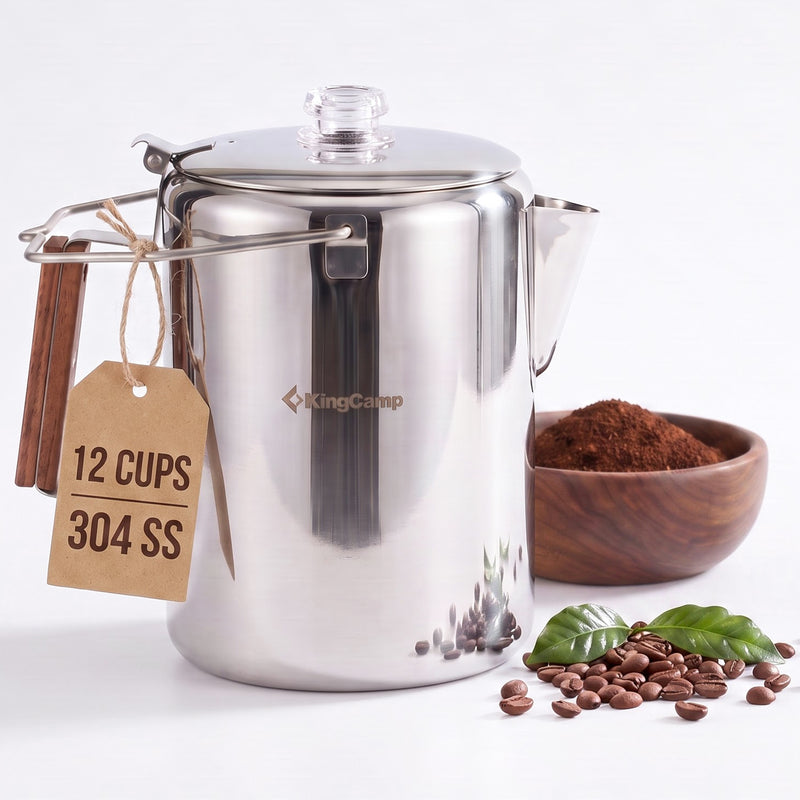 Laden Sie das Bild in Galerie -Viewer, KingCamp BREWBLOOM Camping Coffee Percolator, 304 Stainless Steel Campfire Coffee Pot with Glass Knob, Wooden Handle &amp; Hanging Bail 12 Cup
