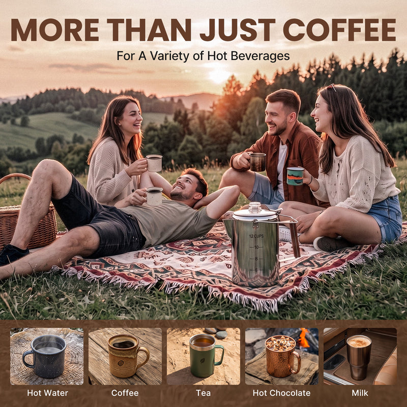 Laden Sie das Bild in Galerie -Viewer, KingCamp BREWBLOOM Camping Coffee Percolator, 304 Stainless Steel Campfire Coffee Pot with Glass Knob, Wooden Handle &amp; Hanging Bail 12 Cup
