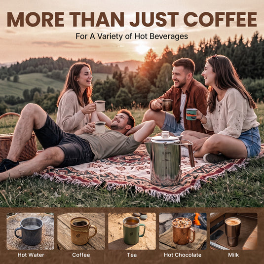KingCamp BREWBLOOM Camping Coffee Percolator, 304 Stainless Steel Campfire Coffee Pot with Glass Knob, Wooden Handle & Hanging Bail 12 Cup