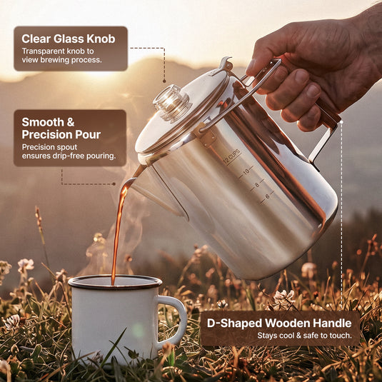 KingCamp BREWBLOOM Camping Coffee Percolator, 304 Stainless Steel Campfire Coffee Pot with Glass Knob, Wooden Handle & Hanging Bail 12 Cup