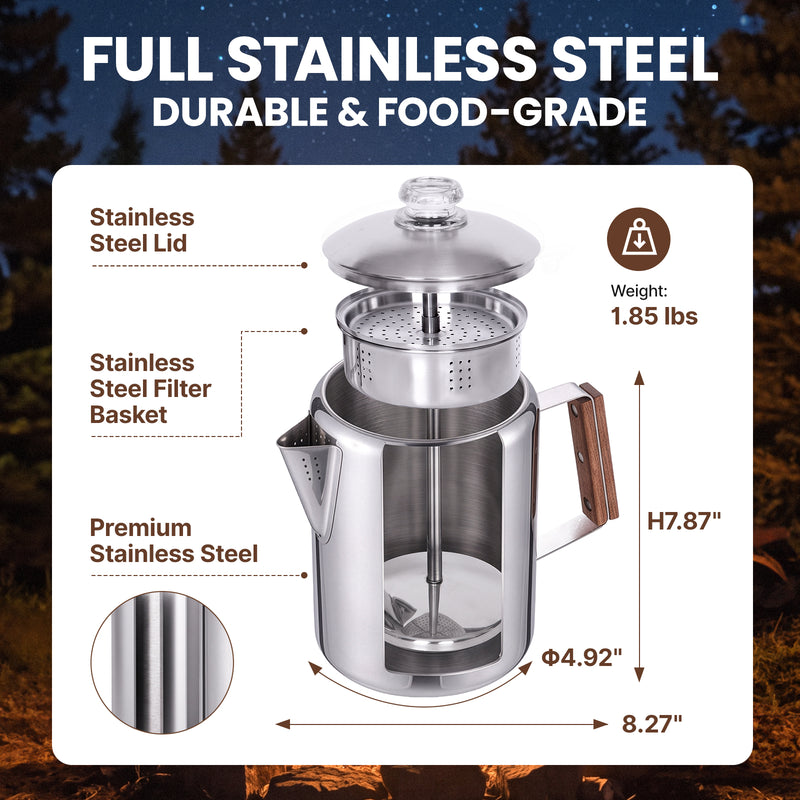 Laden Sie das Bild in Galerie -Viewer, KingCamp BREWBLOOM Camping Coffee Percolator, 304 Stainless Steel Campfire Coffee Pot with Glass Knob, Wooden Handle &amp; Hanging Bail – 9 Cup
