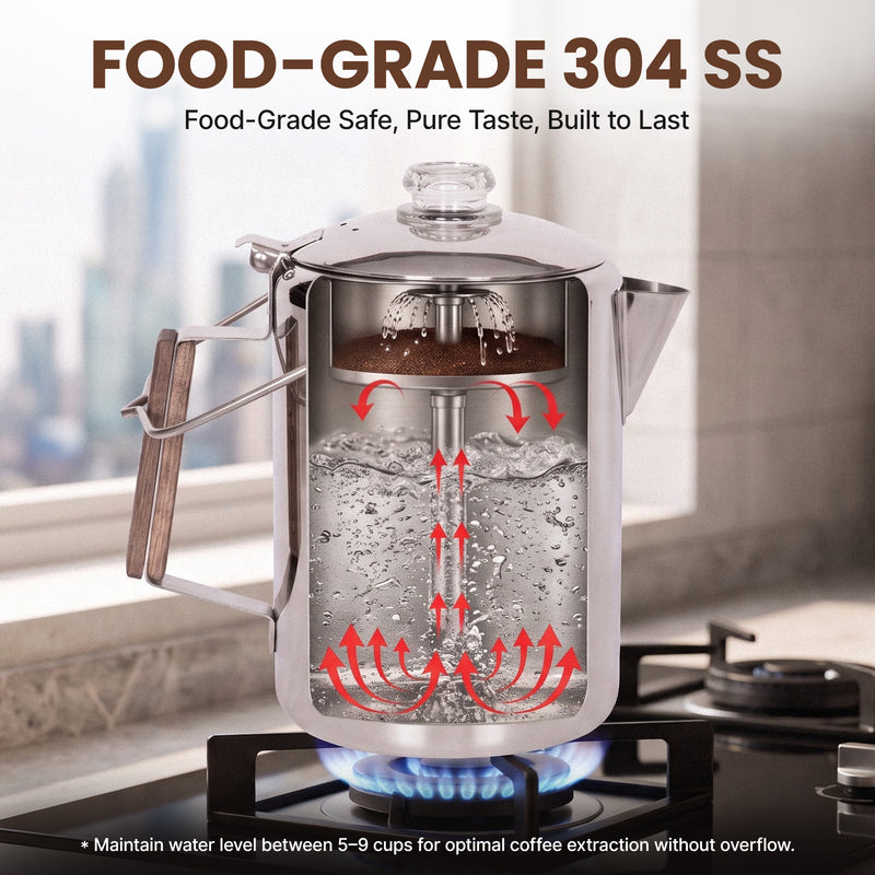 Laden Sie das Bild in Galerie -Viewer, KingCamp BREWBLOOM Camping Coffee Percolator, FOOD-GRADE 304 SS Maintain water level between 5-9 cups for optimal coffee extraction without overflow
