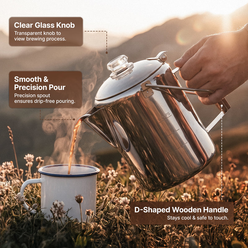 Laden Sie das Bild in Galerie -Viewer, KingCamp BREWBLOOM Camping Coffee Percolator with D-Shaped Wooden Handle Stays cool &amp; safe to touch
