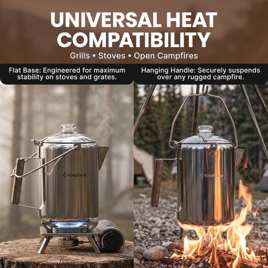 KingCamp BREWBLOOM Camping Coffee Percolator with Hanging Handle: Securely suspends over any rugged campfire.