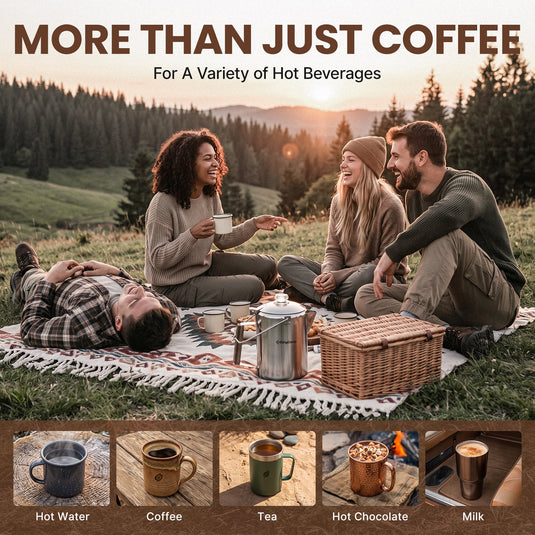 KingCamp BREWBLOOM Camping Coffee Percolator with Hanging Handle: Securely suspends over any rugged campfire.