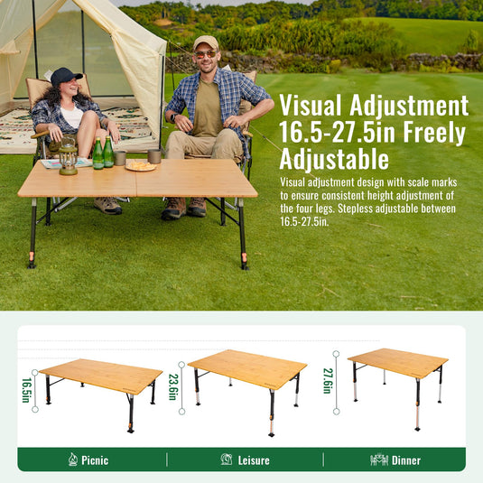 KingCamp BamAura 2Fold 12080 All-Terrain Bamboo Camping Table | 2-Folding Portable Picnic Table with Visual-Adjust Legs (16.5"-27.5") freely adjustable