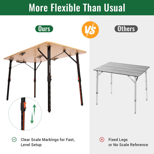 KingCamp BamAura 2Fold Plus | Large Bamboo Folding Table with Height-Adjustable Legs for Camping, Patio & Tailgating, 265 lb Capacity