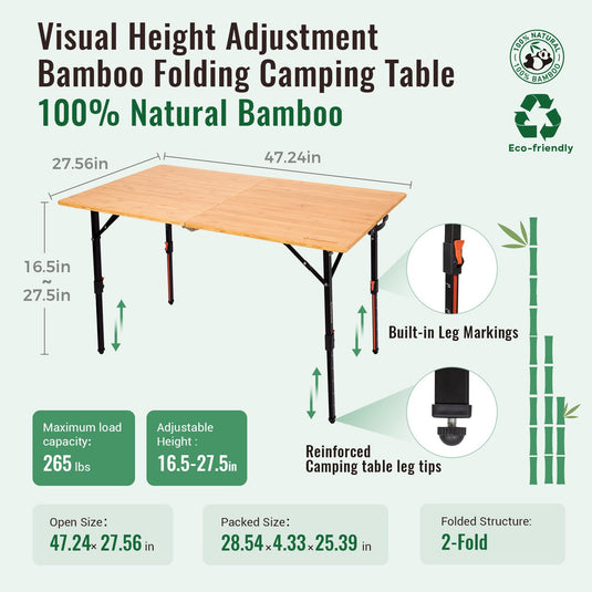 KingCamp BamAura 2Fold Plus | Large Bamboo Folding Table with Height-Adjustable Legs for Camping, Patio & Tailgating, 265 lb Capacity