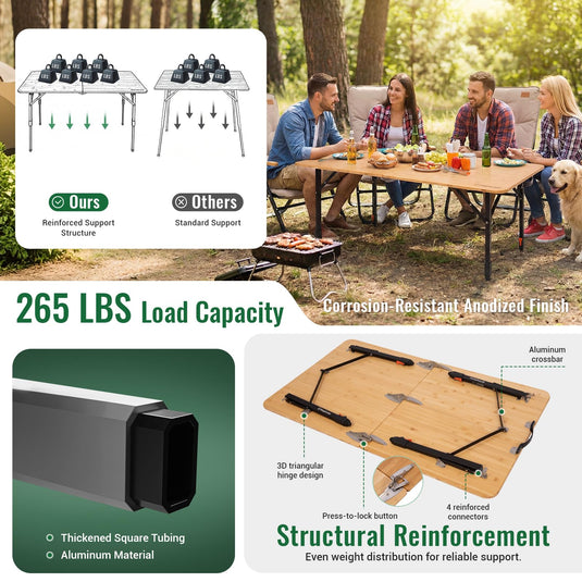 KingCamp BamAura 2Fold Plus | Large Bamboo Folding Table with Height-Adjustable Legs for Camping, Patio & Tailgating, 265 lb Capacity