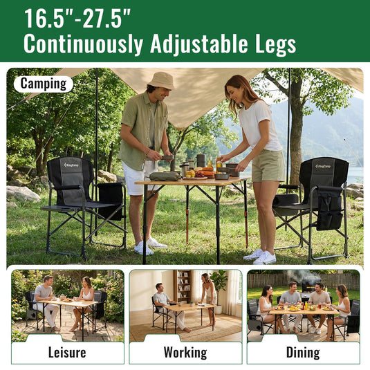KingCamp BamAura 2Fold Plus | Large Bamboo Folding Table with Height-Adjustable Legs for Camping, Patio & Tailgating, 265 lb Capacity