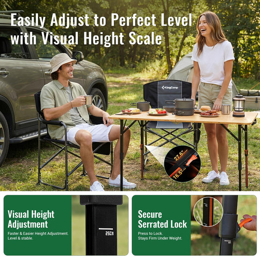 KingCamp BamAura 2Fold Plus | Large Bamboo Folding Table with Height-Adjustable Legs for Camping, Patio & Tailgating, 265 lb Capacity