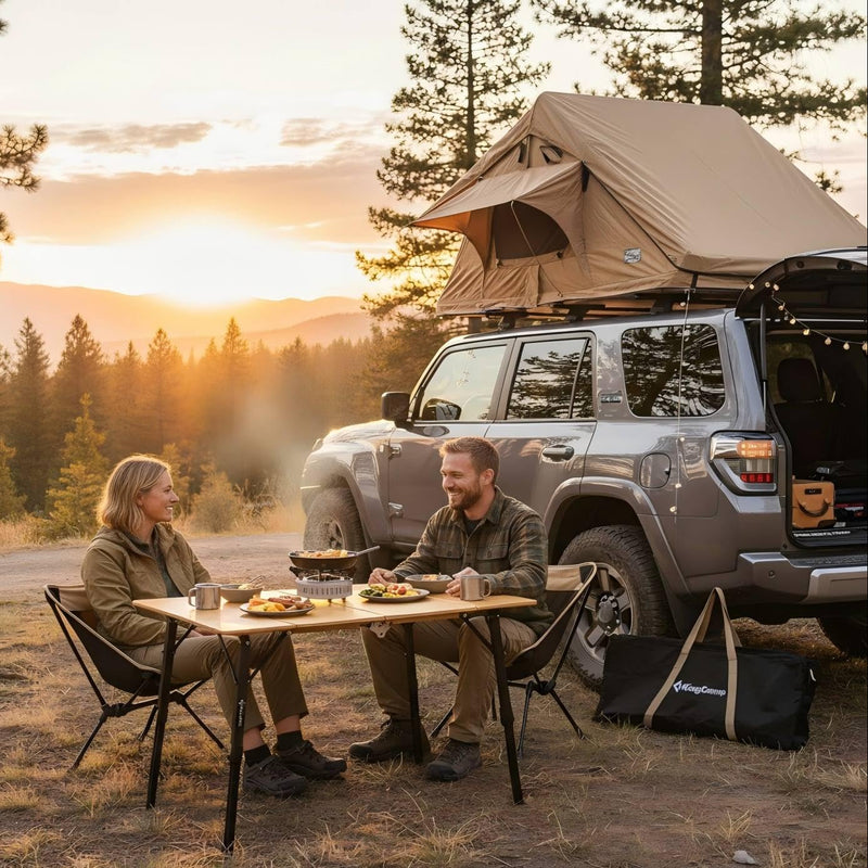 Load image into Gallery viewer, KingCamp BamAura 4Fold 10070 All-Terrain Bamboo Camping Table | 4-Folding Portable Picnic Table with Visual-Adjust Legs (16.5"-27.5")
