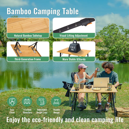 KingCamp BamAura 4Fold 10070 All-Terrain Bamboo Camping Table | 4-Folding Portable Picnic Table with Visual-Adjust Legs (16.5"-27.5")