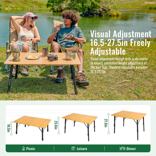 KingCamp BamAura 4Fold 10070 All-Terrain Bamboo Camping Table | 4-Folding Portable Picnic Table with Visual-Adjust Legs (16.5"-27.5")