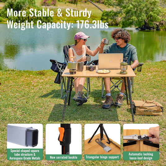 KingCamp BamAura 4Fold 10070 All-Terrain Bamboo Camping Table | 4-Folding Portable Picnic Table with Visual-Adjust Legs (16.5"-27.5")