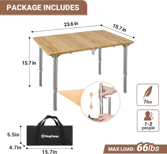 KingCamp BamAura 4Fold 6040 Compact Bamboo Coffee Table | 4-Folding Portable Camping Side Table with Adjustable Height