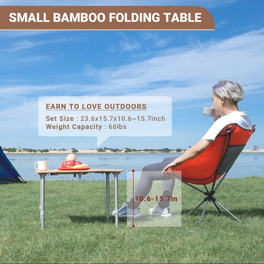 KingCamp BamAura 4Fold 6040 Compact Bamboo Coffee Table | 4-Folding Portable Camping Side Table with Adjustable Height