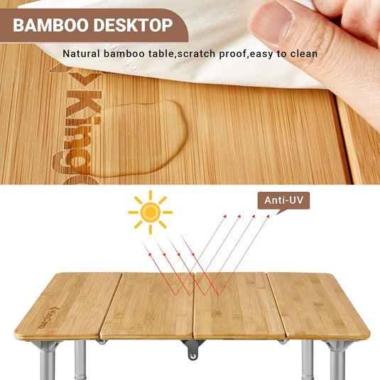 KingCamp BamAura 4Fold 6040 Compact Bamboo Coffee Table | 4-Folding Portable Camping Side Table with Adjustable Height